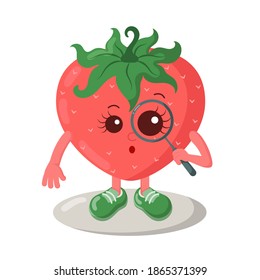 Cute surprised kawaii strawberry with magnifying glass and sneakers. Colored isolated vector illustration in flat design with shadows