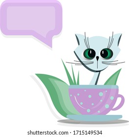 Cute surprised kitten in a cup with tea.