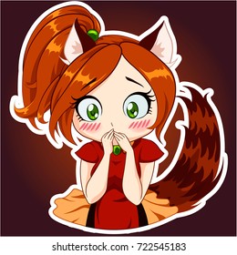 Cute surprised panda girl with red hair and green eyes. Vector illustration. Cartoon sticker in japanese comic style. Isolated on dark background.