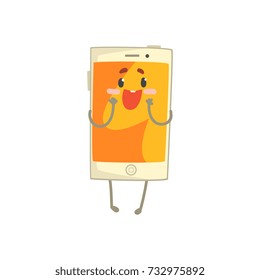 Cute surprised smartphone character with an orange screen, arms and legs cartoon vector Illustration