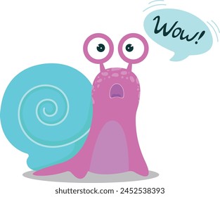 A cute surprised snail with the inscription wow. A cartoon character. Vector stock illustration. A cute surprised snail with a rolled-up shell. Kawaii cartoon character. Vector illustration.