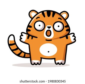 Cute surprised tiger. Flat vector illustration in cartoon style. Emotional character for sticker, print, web and other designs.