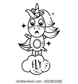 A cute surprised unicorn farts the rainbow and soars into the sky. Isolated object on a white background. utline icon, Coloring page for kids activity games. Doodle style.