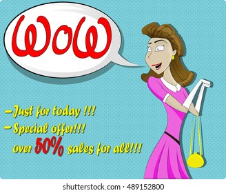 Cute surprised woman in cartoon comics style with speech bubble. Vector illustration.