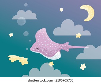 Cute surreal stingray flying among the stars at night. Vector illustration