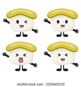 Cute sushi with avocado. Kawaii eyes and smile with hands and legs. Flat design vector illustration