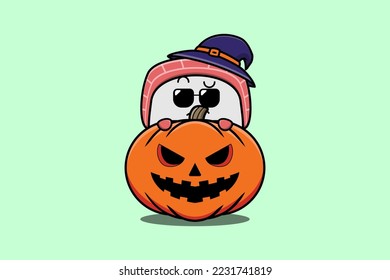 Cute Sushi cartoon character hiding in pumpkin halloween illustration in flat modern design