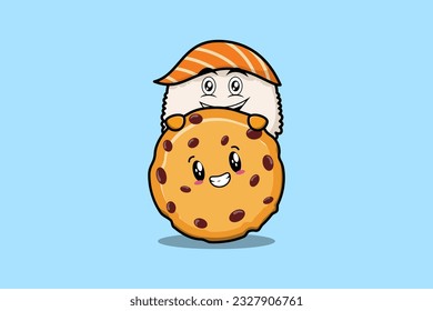 Cute Sushi cartoon character hiding in biscuits illustration in flat modern design