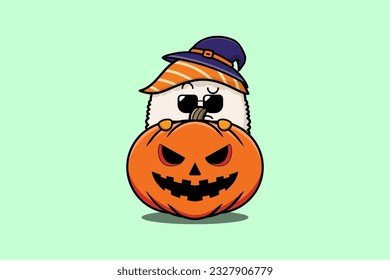 Cute Sushi cartoon character hiding in pumpkin halloween illustration in flat modern design