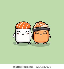 Cute sushi cartoon character vector design. Kawaii food character design.