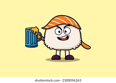 Personaje de mascota de dibujos animados Cute Sushi con vidrio de cerveza y diseño elegante y bonito ilustración plana