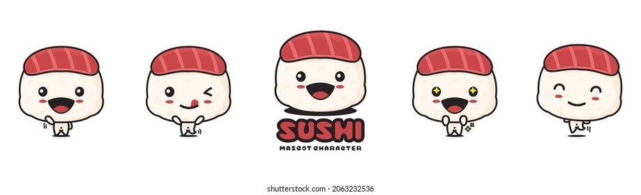 cute sushi cartoon mascot illustration, with different facial expressions and poses, isolated on white background