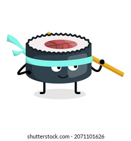 cute sushi character carrying skewer illustration design