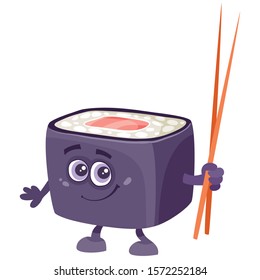 cute sushi character with chopsticks in hands, isolated object on a white background, vector illustration