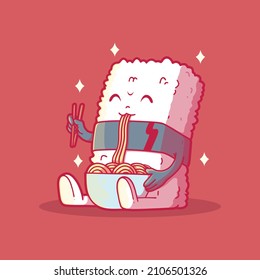 Cute Sushi character eating ramen vector illustration. Food, brand, funny design concept.