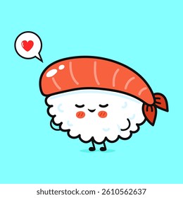 A cute sushi character in love with a heart-shaped thought bubble on a blue background.