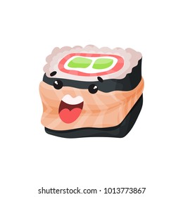 Cute sushi character, roll with funny face, Japanese food cartoon vector Illustration