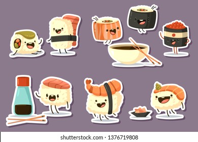 Cute sushi character set. Vector cartoon japanese food illustration with different emotions isolated on background.