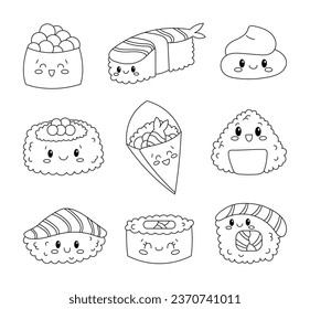 Personajes de sushi. Colorante de página. Comida asiática divertida. Dibujo de vectores. Colección de elementos de diseño.