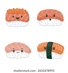 Cute sushi characters with expressive faces showing different emotions, topped with salmon, roe, and seaweed, styled in a playful Japanese cartoon design.