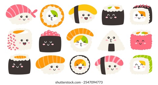 Cute sushi characters kawaii japanese food mascot with funny smiling, kissing and laughing facial emotions isolated set. Happy sashimi asian fastfood snack animated emoticon vector illustration