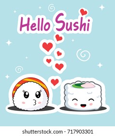 Cute sushi characters in love. Concept of romantic illustration for menu or banner design. Vector