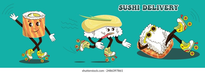 Cute Sushi Characters on Roller Skates - Sushi Delivery.