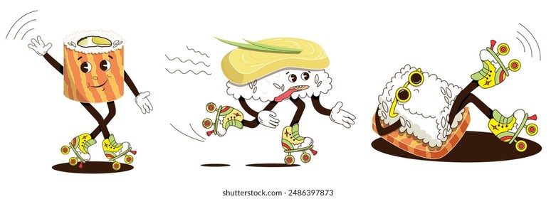 Cute sushi characters for rollerblading delivery. Playful vector illustration of sushi, rolls on roller skates in the groove style.