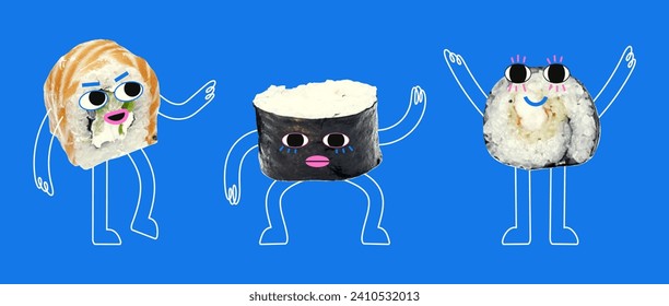 Caracteres sushi bonitos, roda en estilo de collage retro con efecto semitontónico. Ilustración vectorial de colores de la cocina japonesa con garabatos. Mascota de sushi con brazos, piernas y una cara linda.