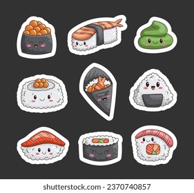 Cute sushi characters. Sticker Bookmark. Funny Asian food. Vector drawing. Collection of design elements.