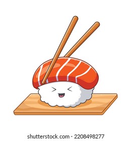 Cute Sushi With Chopstick Cartoon. Food Icon Concept. Flat Cartoon Style. Suitable for Web Landing Page, Banner, Flyer, Sticker, Card