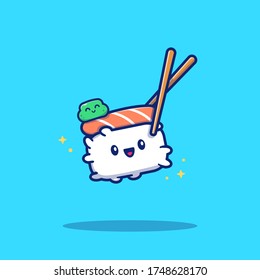 Cute Sushi With Chopstick Cartoon Vector Icon Illustration. Sushi Food Icon Concept Isolated Premium Vector. Flat Cartoon Style 