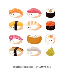 Cute sushi clipart collection cartoon style vector