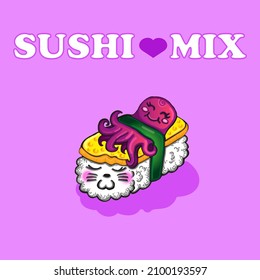 Cute sushi, with closed eyes and rosy cheeks. Kawaii nigiri roll with cheerful octopus on pink background
