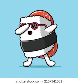 Cute Sushi Dabbing And Wearing Glasses Cartoon Vector Icon Illustration. People Profession Icon Concept Isolated Premium Vector.