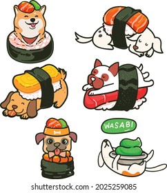 Perros de sushi con sashimi y varios perros shiba inu y pugs