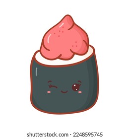 Cute sushi in doodle style. Vector illustration maki with funny kawaii face in cartoon style isolated on white background