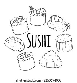 Cute sushi in doodle style. Vector illustration. Asian food. Salmon sushi, onigiri and shrimp sushi. Sushi characters.