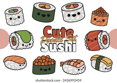 Cute Sushi Doodle Vector Set