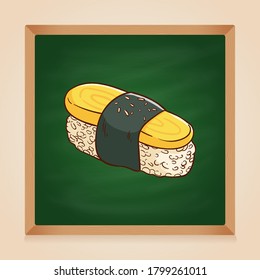 cute sushi with egg by using doodle style on chalkboard backgrond