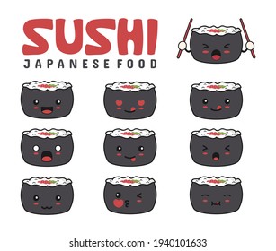 cute sushi emoji with different facial expressions