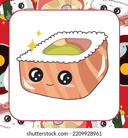 Cute Sushi Flashcard for Children. Ready to print. Printable game card. Traditional Japanese food promotion. Vector illustration.