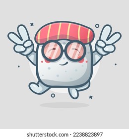 cute sushi food character mascot with peace sign hand gesture isolated cartoon in flat style design