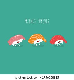 cute sushi funny friends forever. Vector illustration.