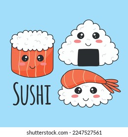 Cute sushi in kawaii style. Vector illustration. Asian food. Salmon sushi, onigiri and shrimp sushi. Sushi characters.