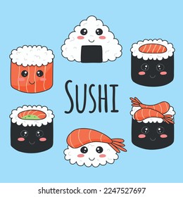 Cute sushi in kawaii style. Vector illustration. Asian food. Salmon sushi, onigiri and shrimp sushi. Sushi characters.