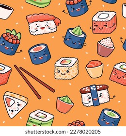 Cute sushi, maki and sashimi seamless pattern - cartoon vector illustration on orange background. Childish kawaii characters of traditional Japanese sushi and rolls. Sushi restaurant design.