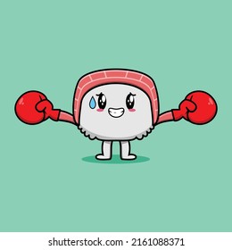 Cute Sushi mascot cartoon playing sport with boxing gloves and cute stylish design