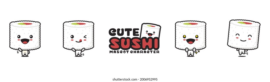 cute sushi mascot, with different facial expressions and poses, isolated on a white background