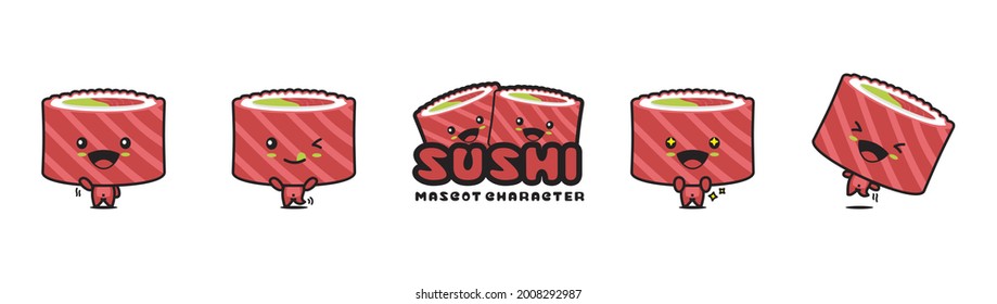 cute sushi mascot, with different facial expressions and poses, isolated on a white background